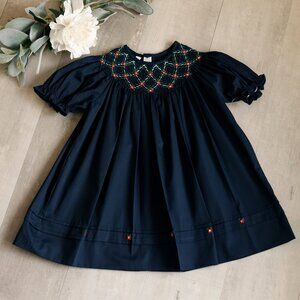 Navy Smocked Feltman Brothers Bishop Dress Red Green Embroidery NEW With Tag